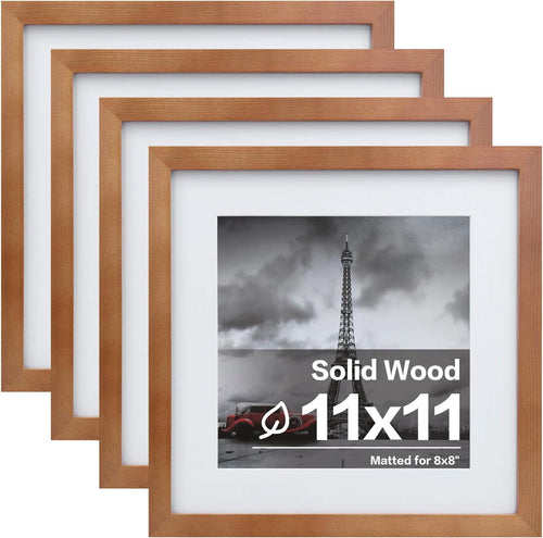 11X11 Picture Frames 4 Pack Covered by Plexiglass, Display Pictures 8X8 with Mat or 11X11 without Mat Made of Solid Wood for Table Top Display and Wall Mounting Photo Frame, Light Brown
