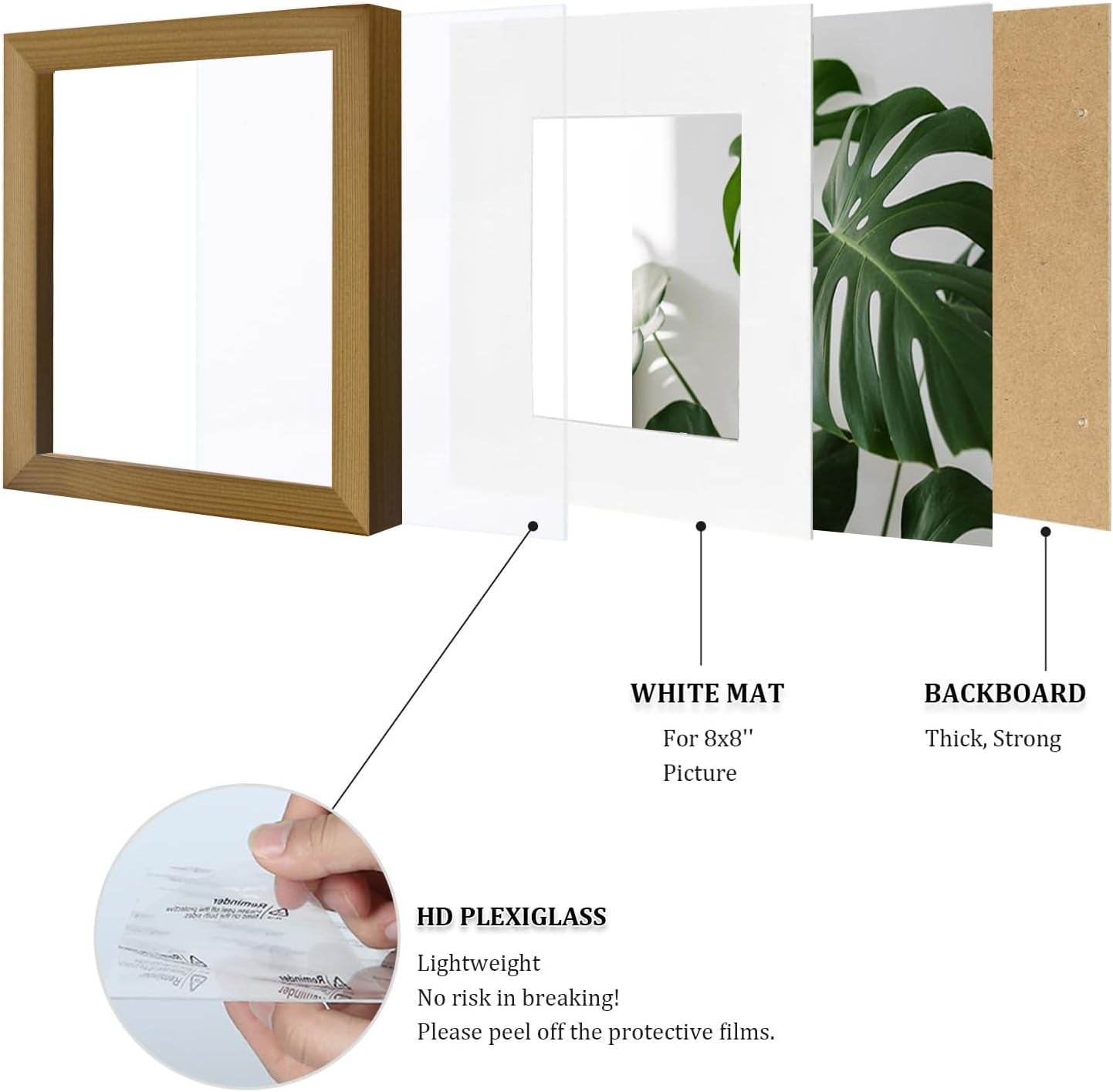 11X11 Picture Frames 4 Pack Covered by Plexiglass, Display Pictures 8X8 with Mat or 11X11 without Mat Made of Solid Wood for Table Top Display and Wall Mounting Photo Frame, Light Brown