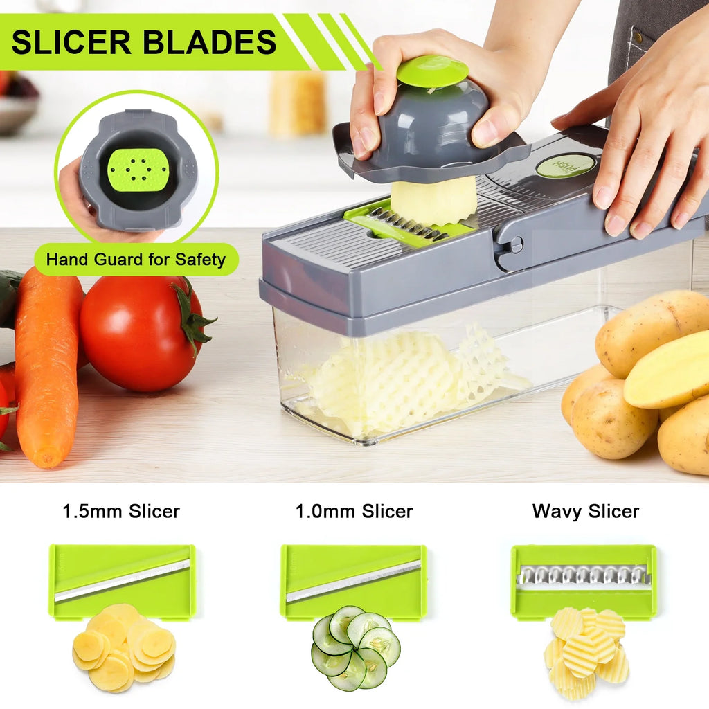14 in 1 Vegetable Chopper, Multifunctional Food Chopper Vegetable Fruit Cutter Dicer Slicer with 8 Blades, Onion Chopper with Container & Drain Basket