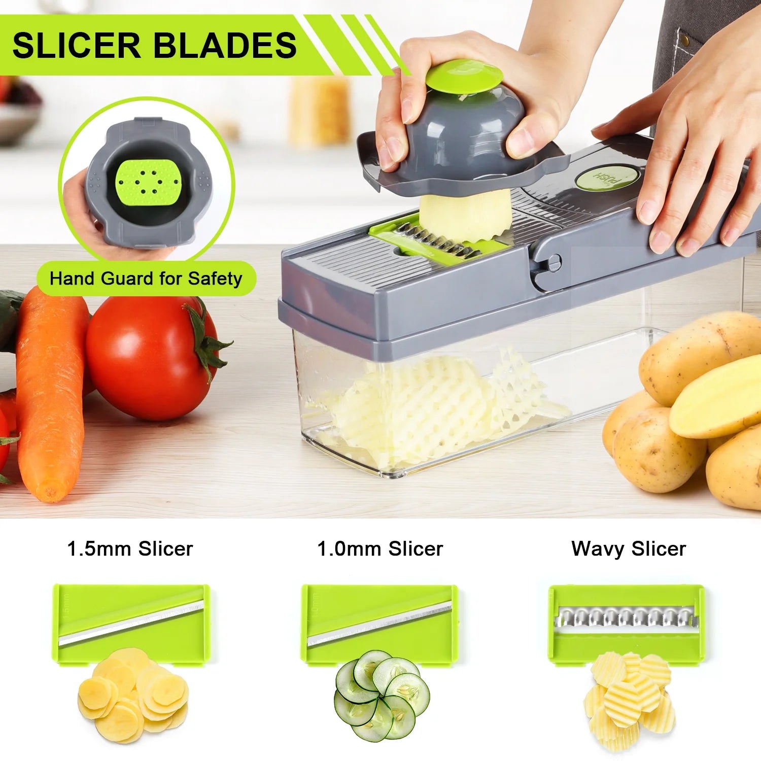 14 in 1 Vegetable Chopper, Multifunctional Food Chopper Vegetable Fruit Cutter Dicer Slicer with 8 Blades, Onion Chopper with Container & Drain Basket