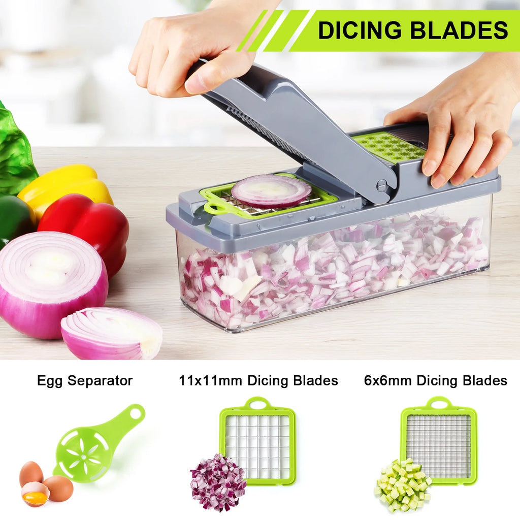 14 in 1 Vegetable Chopper, Multifunctional Food Chopper Vegetable Fruit Cutter Dicer Slicer with 8 Blades, Onion Chopper with Container & Drain Basket